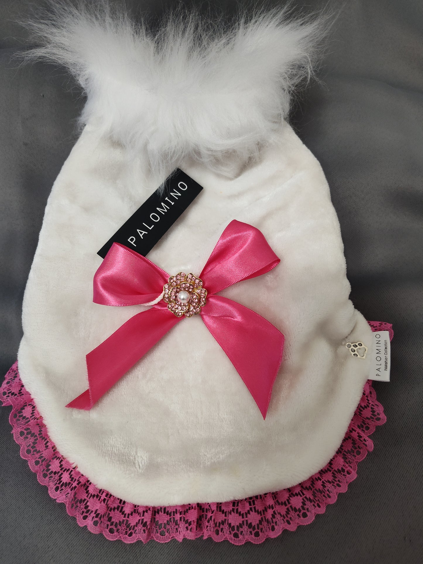 White Fur Coat,Pink Bow (small doggy)