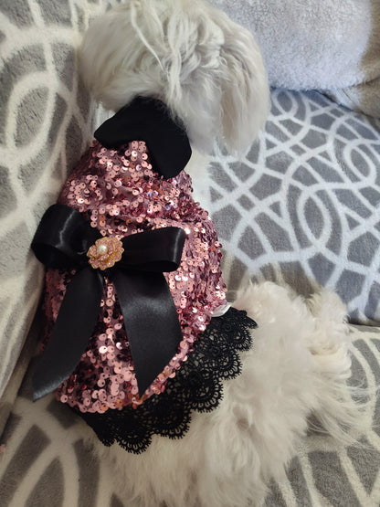 Pink Sequence/ black satin ribbon(x-small doggy)