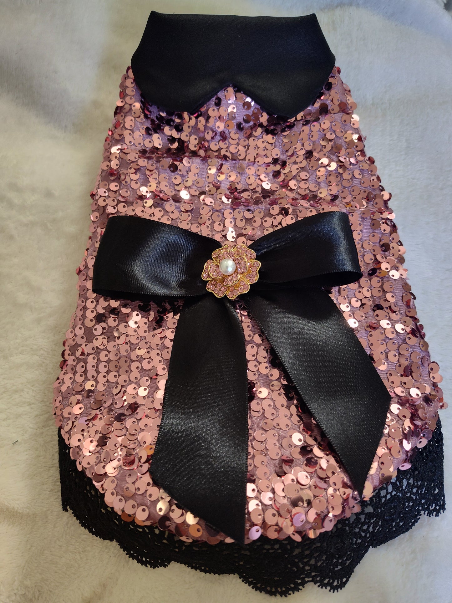 Pink Sequence/ black satin ribbon(x-small doggy)