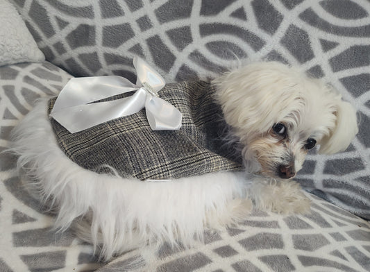 Grey plaid with white fur shawl( size small doggy)