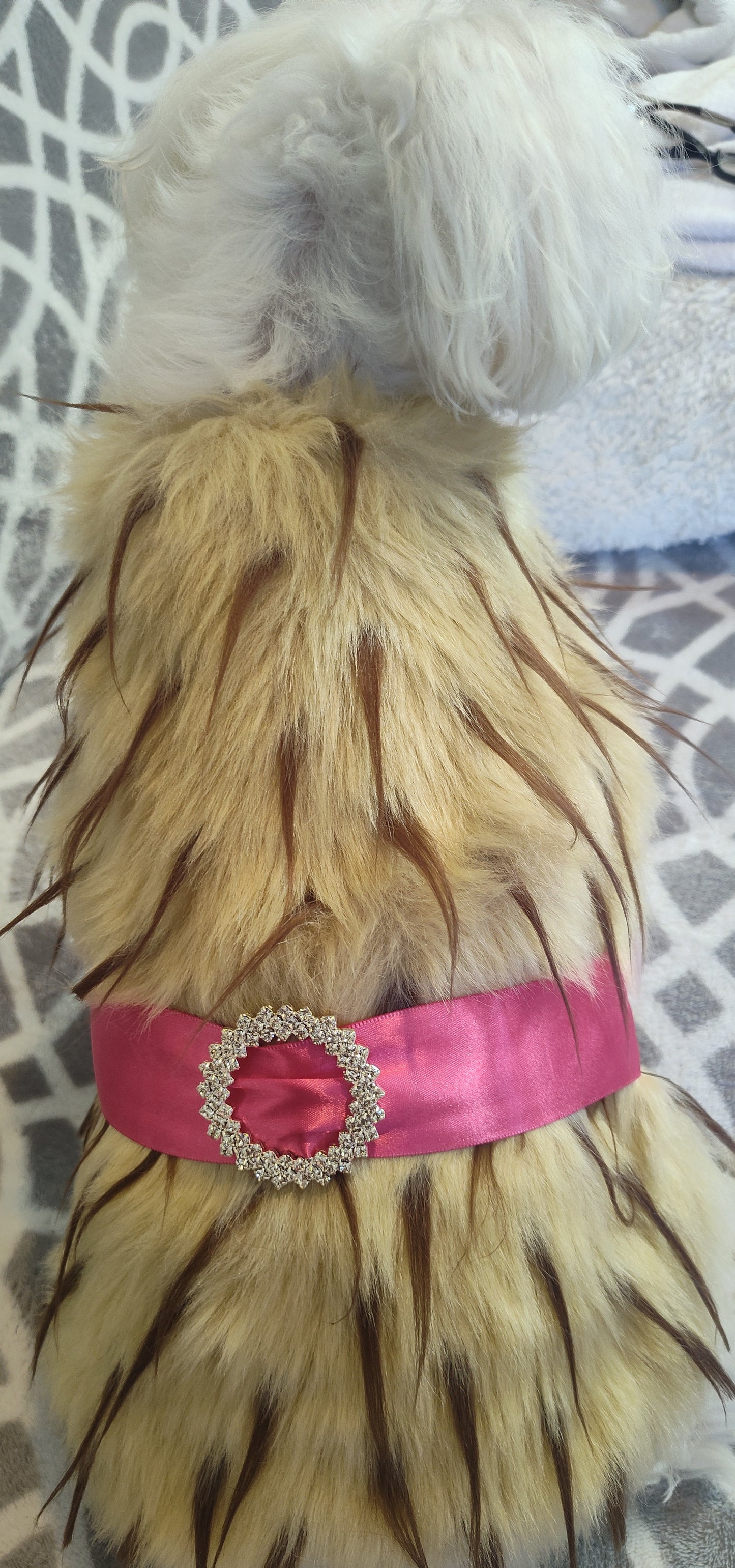 Tan Spike Fur coat/ pink satin ribbon (size Small doggy) (Copy) (Copy)